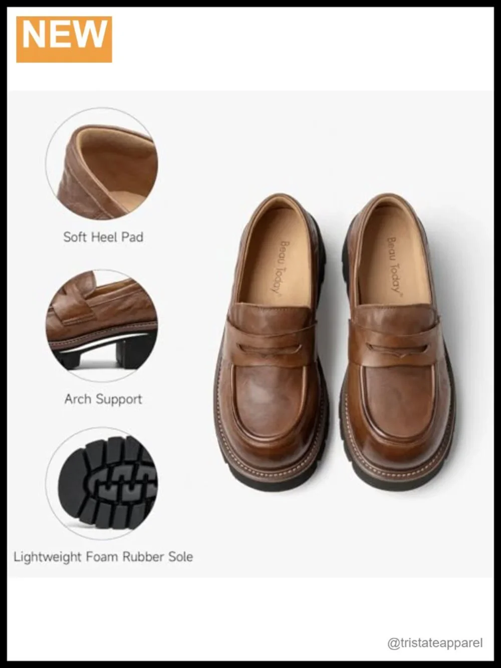 Women's Chunky Platform Loafers Leather Slip-On Dress Shoes Round Toe